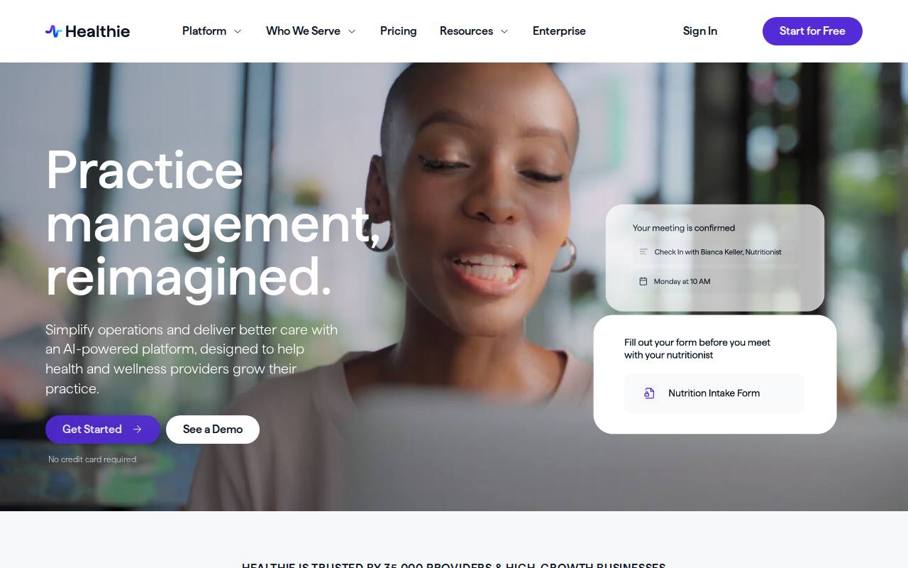 Portada de la web de Healthie, competidor directo de Practice Better